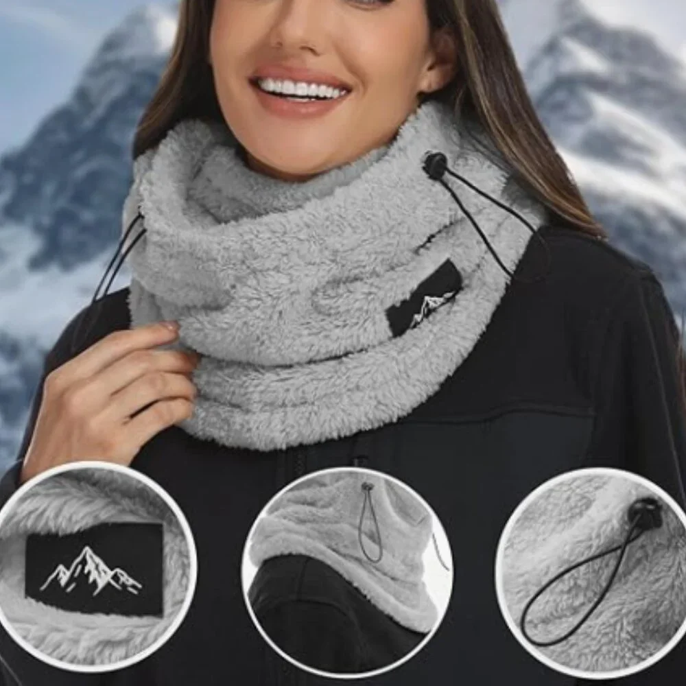 Mountain Logo Grey Plush Face Mask Hood - Women’s Winter Face Covering